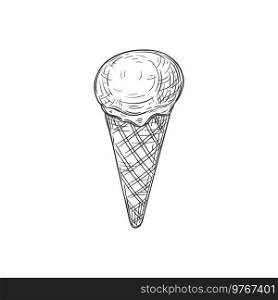 Sketch ice cream in waffle cone isolated dessert monochrome sketch icon. Vector fastfood snack, refreshing cold takeaway takeout food. Summer dessert, creamy vanilla, chocolate ice-cream in wafer cone. Ice cream in waffle cone isolate hand drawn sketch