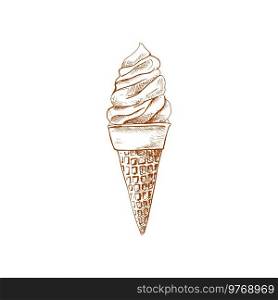 Sketch ice cream in waffle cone, vector sweet creamy swirl in conical cup, dairy dessert. Fruit or yogurt icecream, frozen summer food isolated on white background. Sketch ice cream in waffle cone, creamy swirl