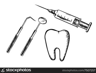Sketch icons of tooth, syringe, dental mirror and probe isolated on white background, for dentistry and medicine design. Icons of tooth, syringe, mirror and probe