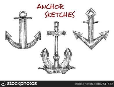 Sketch icons of vintage boat anchors with heavy stockless anchor and admiralty anchors with curved flukes. Use as navy emblem, tattoo or t-shirt print design. Sketches set of vintage boat anchors