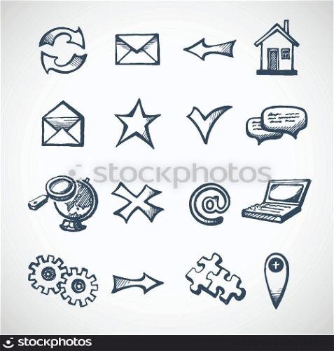 Sketch infographic icons set with globe clock computer puzzle money isolated vector illustration