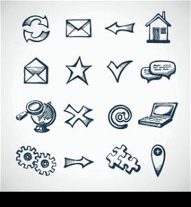 Sketch infographic icons set with globe clock computer puzzle money isolated vector illustration