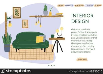 Sketch interior design. Landing page. Website interface template. Home living room with cozy sofa and l&s. Loft decor. Lounge inside. House furniture. Apartment backdrop. Vector cartoon web banner. Sketch interior design. Landing page. Website interface template. Home living room with sofa and l&s. Loft decor. Lounge inside. House furniture. Apartment backdrop. Vector web banner