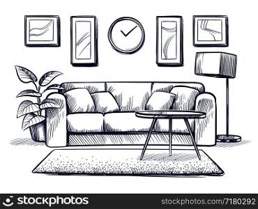 Sketch interior. Doodle living room with sofa, cushions and picture frames on wall. Freehand drawing home vector interior. Furniture sofa in room, apartment drawing illustration. Sketch interior. Doodle living room with sofa, cushions and picture frames on wall. Freehand drawing home vector interior