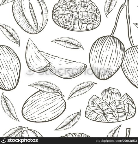 Sketch mango seamless pattern vector illustration. Hand engraving vintage background of exotic tropical fruits. Template with mango for fabric, packaging and design