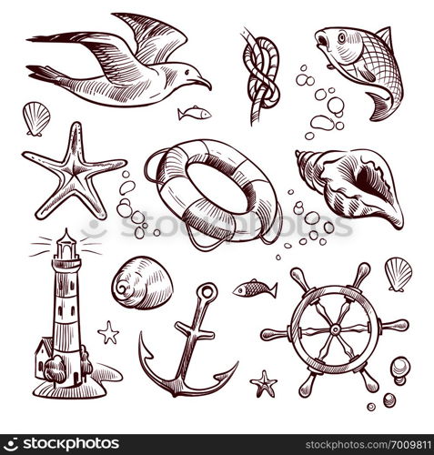 Sketch marine set. Sea ocean voyage lighthouse seagull starfish anchor steering wheel fish. Navy nautical hand drawn vector set. Sketch marine set. Sea ocean voyage lighthouse seagull starfish anchor steering wheel fish. Navy nautical hand drawn