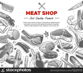 Sketch meat. Hand drawn meat organic products package design, beef and pork, sausage and lamb, ham pieces and chicken, food engraved vector background. Sketch meat. Hand drawn meat organic products package design, beef and pork, sausage and lamb, ham and chicken, engraved vector background