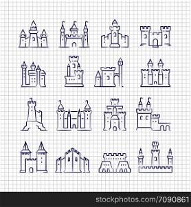 Sketch medieval castles set on lined page isolated . Vector illustration. Sketch medieval castles set on lined page