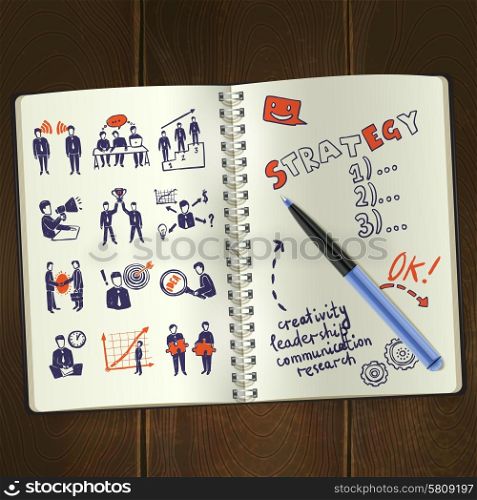 Sketch meeting icons in notepad on wooden table background vector illustration. Meeting Sketch Notepad
