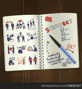 Sketch meeting icons in notepad on wooden table background vector illustration. Meeting Sketch Notepad