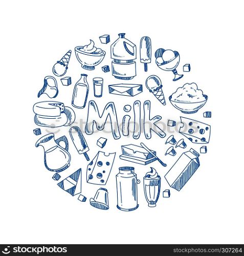 Sketch milk products, farm breakfast vector concept with doodle dairy icons. Set of dairy food badge, illustration of round shape organic natural dairy products. Sketch milk products, farm breakfast vector concept with doodle dairy icons