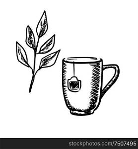 Sketch mug of tea made with a teabag with a twig of fresh tea leaves, isolated on white. Sketch mug with tea leaves