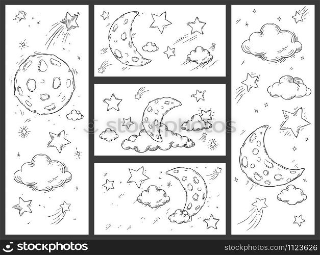 Sketch night sky with moon. Hand drawn moon, night stars and doodle dream sleep clouds vector illustration set. Crescent in starry sky and shooting stars coloring book drawings collection. Sketch night sky with moon. Hand drawn moon, night stars and doodle dream sleep clouds vector illustration set. Crescent in starry sky and shooting stars coloring book drawings pack
