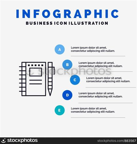 Sketch Notebook, Drawing, Notebook, Pencil, Sketch Line icon with 5 steps presentation infographics Background