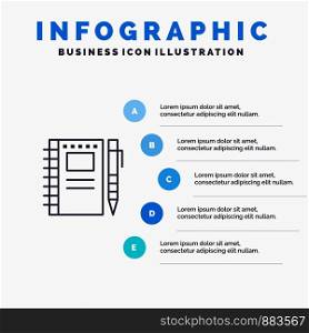 Sketch Notebook, Drawing, Notebook, Pencil, Sketch Line icon with 5 steps presentation infographics Background
