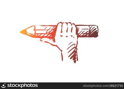 Sketch, object, pencil, hand, drawing concept. Hand drawn pencil in hand concept sketch. Isolated vector illustration.. Sketch, object, pencil, hand, drawing concept. Hand drawn isolated vector.