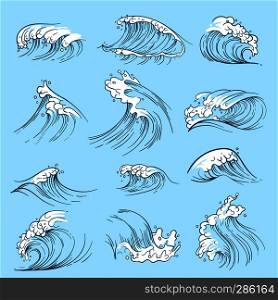 Sketch ocean waves. Hand drawn marine vector tides. Wave water storm sea illustration. Sketch ocean waves. Hand drawn marine vector tides