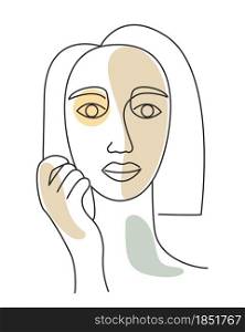 Sketch of a girl s face in a minimalistic style, vector illustration. Line art, woman with hand near the face. Simple abstract outline portrait. Hand drawing, modern look.. Sketch of a girl s face in a minimalistic style, vector illustration.