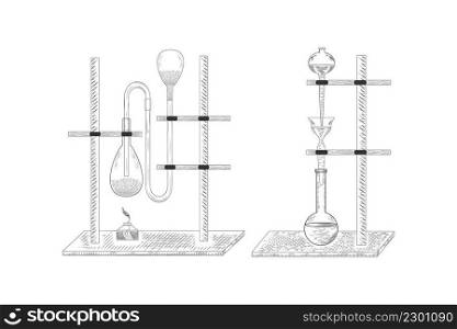 Sketch of a  physics or chemical laboratory experiment and equipment. Vector pharmaceutical glass flasks, beakers and test tubes in old engraving style.