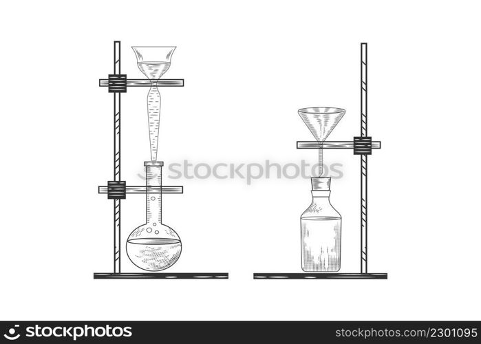 Sketch of a  physics or chemical laboratory experiment and equipment. Vector pharmaceutical glass flasks, beakers and test tubes in old engraving style.