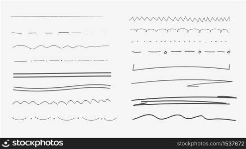 Sketch of abstract underlines in grunge style. Abstract art black scribbles in vintage design. Each marker is divided. Endless texture can be used for printing onto fabric and paper. Vector isolated illustration on a white background.. Sketch of abstract underlines in grunge style.