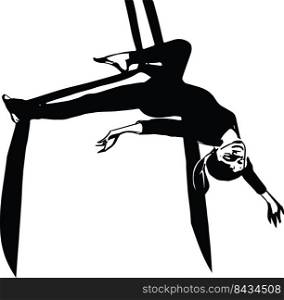 Sketch of air gymnast training, performing isolated over white studio background. Aerial silk exercises. Vector Illustration