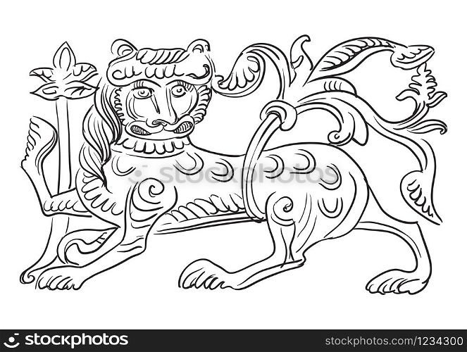 Sketch of an architectural detail in the shape of a decorative lion. Vector hand drawing illustration in black color isolated on white background. Graphic Element for design. stock illustration