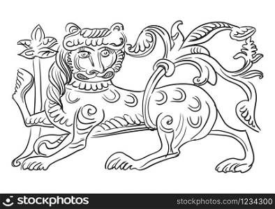 Sketch of an architectural detail in the shape of a decorative lion. Vector hand drawing illustration in black color isolated on white background. Graphic Element for design. stock illustration