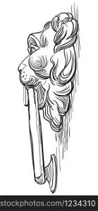 Sketch of an architectural detail in the shape of a lion head (door handle), profile view. Vector hand drawing illustration in black color isolated on white background. Graphic Element for design. stock illustration