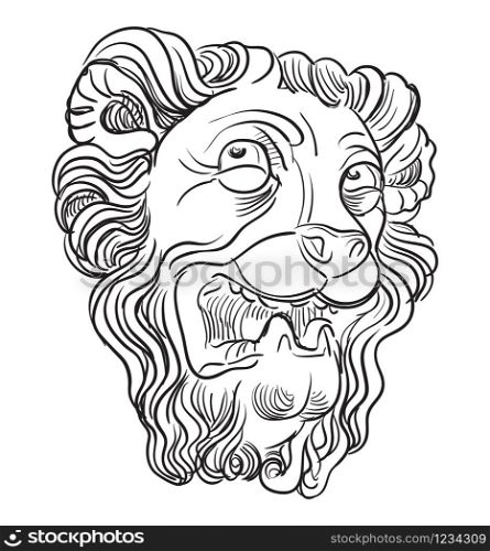 Sketch of an architectural detail in the shape of a lion head, profile view. Vector hand drawing illustration in black color isolated on white background. Graphic Element for design. stock illustration