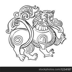 Sketch of an architectural stone relief of a decorative lion. Vector hand drawing illustration in black color isolated on white background. Graphic Element for design. stock illustration