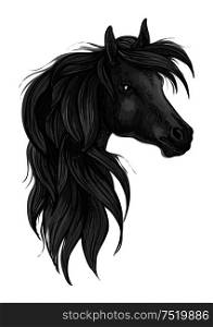 Sketch of black purebred horse. Head of black arabian racehorse with long wavy mane. Horse racing symbol, equestrian sport badge or t-shirt print design. Sketch of black purebred horse head