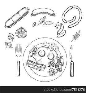 Sketch of breakfast with fried eggs and bacon served on a plate with cutlery surrounded by groceries and sausage. Breakfast with groceries and sausage