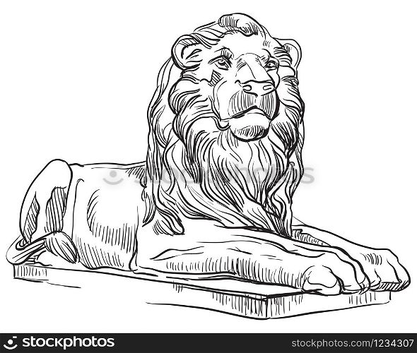 Sketch of classical greek lion statue profile view. Vector hand drawing illustration in black color isolated on white background. Graphic Element for design. stock illustration