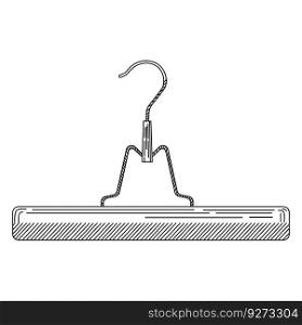 Sketch of coat hanger for trousers. Metal coat hanger with clothespins in vintage engraved style. Front view. Isolated on white background. Vector illustration. Sketch of coat hanger for trousers. Metal coat hanger with clothespins in vintage engraved style.