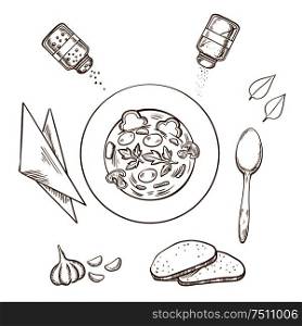 Sketch of dinner with a bowl of hot soup surrounded by white bread, herbs, seasoning condiments, napkin and spoon. Sketch style vector. Sketch of hot soup with bread and condiments
