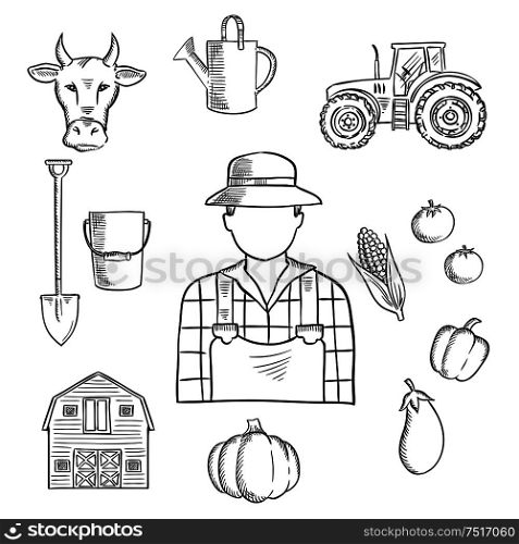 Sketch of farmer or farm worker with tractor, barn, fresh tomatoes, eggplant, pumpkin, corn and pepper vegetables, cow, watering can, spade and bucket. Great for agriculture mascot or farmers market symbol design. Farmer or farm worker profession sketch