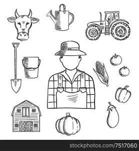Sketch of farmer or farm worker with tractor, barn, fresh tomatoes, eggplant, pumpkin, corn and pepper vegetables, cow, watering can, spade and bucket. Great for agriculture mascot or farmers market symbol design. Farmer or farm worker profession sketch