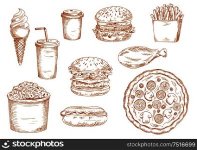 Sketch of fast food with hamburger and cheeseburger with fresh vegetables, coffee and soda paper cups, pizza and hot dog, chicken leg and ice cream cone, boxes of french fries and popcorn. Sketches of fast food and drinks