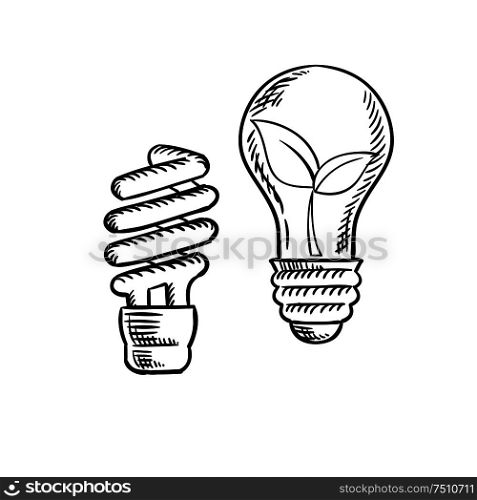 Sketch of fluorescent energy saving light bulb and old incandescent lamp with plant inside. Save energy concept. Sketch of save energy and old light bulb
