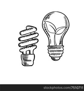 Sketch of fluorescent energy saving light bulb and old incandescent lamp with plant inside. Save energy concept. Sketch of save energy and old light bulb