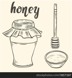 Sketch of honey jar, spoon and bowl vector vintage illustration. Hand engraved natural healthy product from honey and propolis, nectar of longevity.. Sketch of honey jar, spoon and bowl vector vintage illustration.