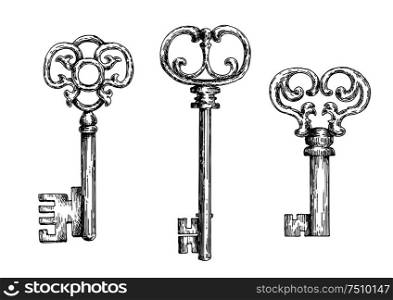 Sketch of isolated medieval door keys or skeletons with ornamental bows, decorated by forged curlicues and twirls.. Sketch of isolated medieval keys or skeletons