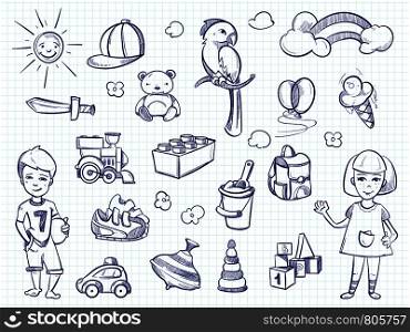 Sketch of kids dreams. Hand drawn girl, boy, toys on notebook page. Vector illustration. Sketch of kids dreams. Hand drawn girl, boy, toys