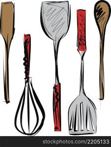Sketch of Kitchen tools and Cooking utensils icon. Spatula, Whisk and Skimmer. Vector illustration.