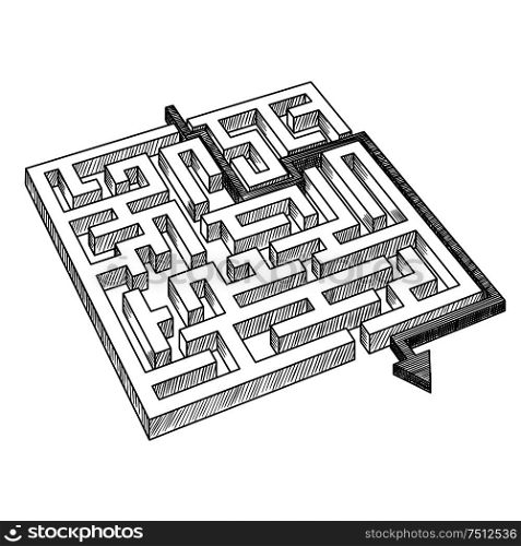 Sketch of labyrinth or maze, solved by arrow, showing a workaround solution, for success theme design . Labyrinth or maze, solved by arrow