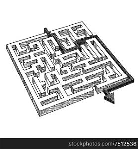 Sketch of labyrinth or maze, solved by arrow, showing a workaround solution, for success theme design . Labyrinth or maze, solved by arrow