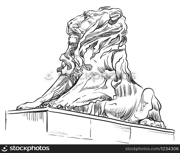 Sketch of lion statue profile view. Vector hand drawing illustration in black color isolated on white background. Graphic Element for design. stock illustration