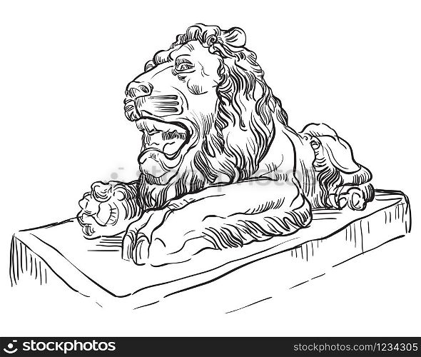 Sketch of lying lion statue profile view. Vector hand drawing illustration in black color isolated on white background. Graphic Element for design. stock illustration