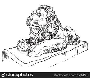 Sketch of lying lion statue profile view. Vector hand drawing illustration in black color isolated on white background. Graphic Element for design. stock illustration